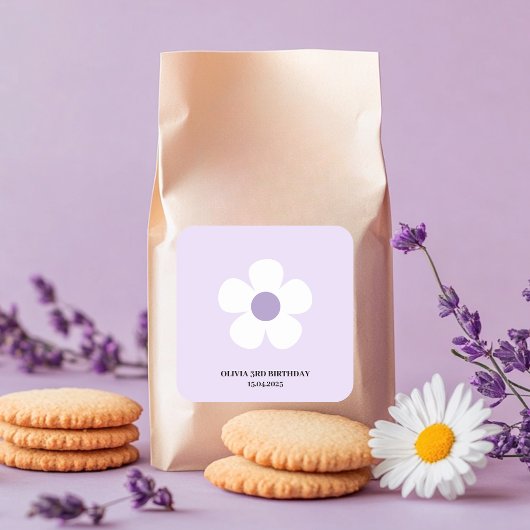 Lila Daisy Birthday | Elegantes florales Party Quadratischer Aufkleber