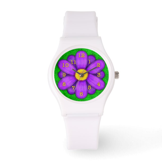Lila Daisy Blume auf Green Beautiful Armbanduhr (Front)
