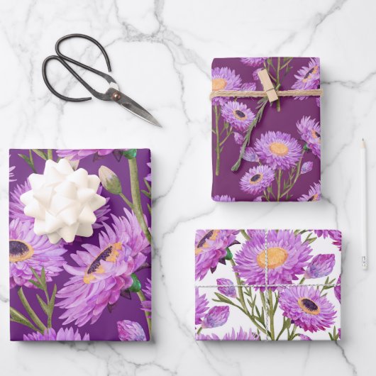 Lila Daisy Floral Blooms Geschenkpapier Set (Vorderseite)