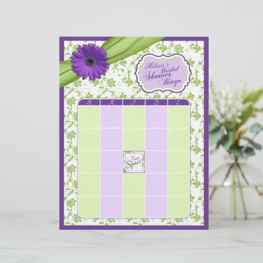 Lila Daisy Green Floral Brautparty Bingo (Stehend Vorderseite)