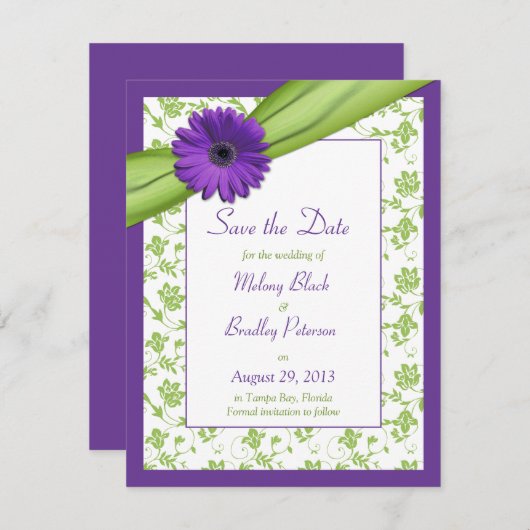 Lila Daisy Green Floral Damask Save the Date (Vorne/Hinten)
