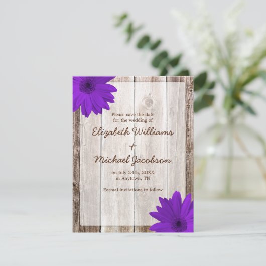 Lila Daisy Rustic Barn Save the Date (Stehend Vorderseite)