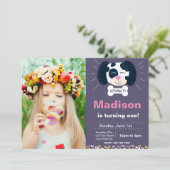 Lila Dalmatiner Geburtstag Einladung mit Foto (Stehend Vorderseite)