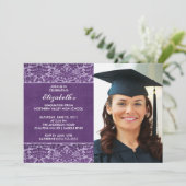 Lila Damask Abschluss Einladung mit Foto (Stehend Vorderseite)