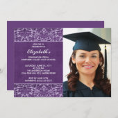 Lila Damask Abschluss Einladung mit Foto (Vorne/Hinten)