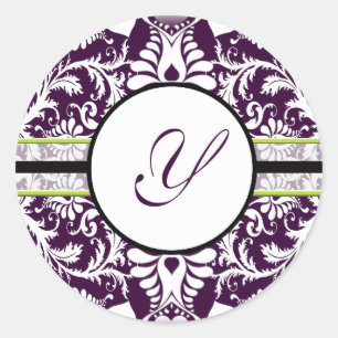 Lila Damask Anfangsbuchstabe Y Hochzeit Runder Aufkleber