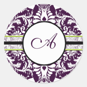 Lila Damask Anfangssticker Letter A Hochzeit Runder Aufkleber