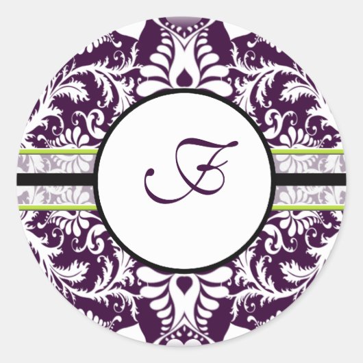 Lila Damask Anfangssticker Letter F Wedding Runder Aufkleber (Vorderseite)