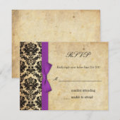 Lila Damask Bow Wedding RSVP Karte (Vorne/Hinten)