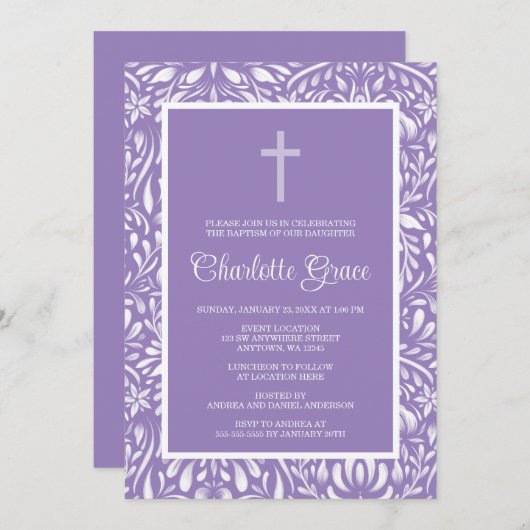 Lila Damask Cross Girl Taufe Christening Einladung (Vorne/Hinten)