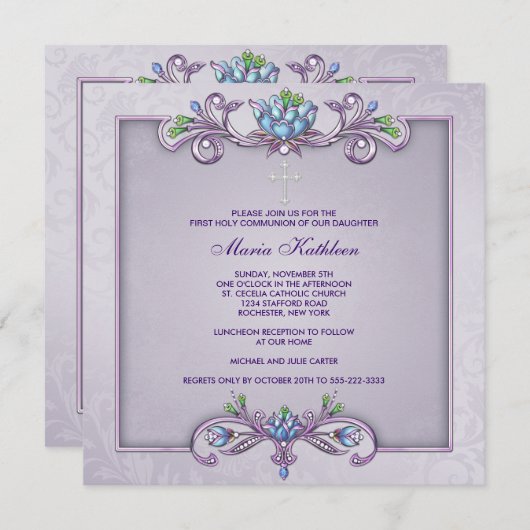 Lila Damask Cross Girls Erste Kommune Einladung (Vorne/Hinten)