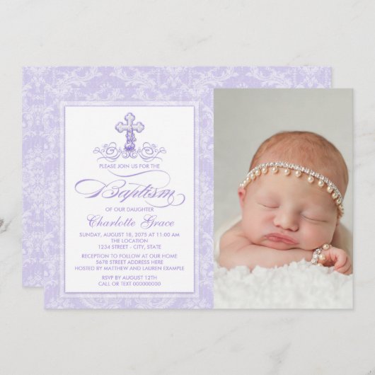 Lila Damask Cross Girls Foto Taufe Einladung (Vorne/Hinten)