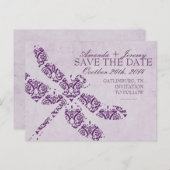 Lila Damask Dragonfly-Hochzeit Ankündigungspostkarte (Vorne/Hinten)
