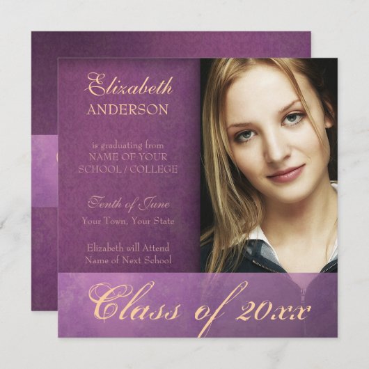 Lila Damask Grunge Abschluss Ankündigung (Vorne/Hinten)