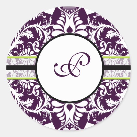 Lila Damask Initialsticker Letter P Wedding Runder Aufkleber (Vorderseite)