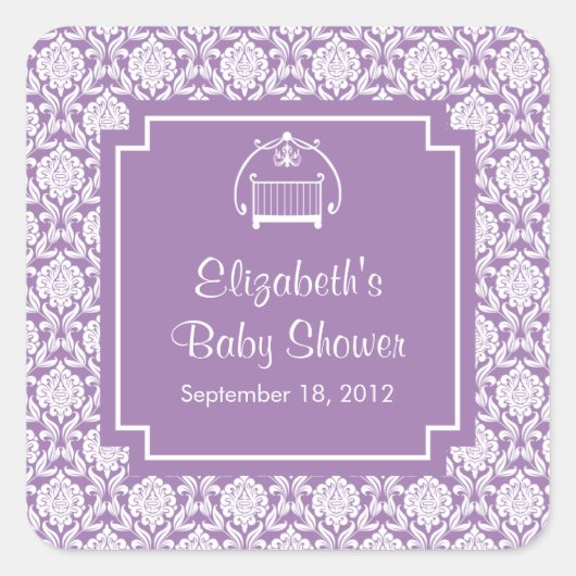 Lila Damask Kinderkrippe Babydusche Square Aufkleb Quadratischer Aufkleber (Vorderseite)
