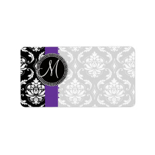 Lila Damask Monogram Dots Labels Adressaufkleber