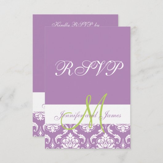 Lila Damask Monogram Foto Wedding RSVP (Vorne/Hinten)