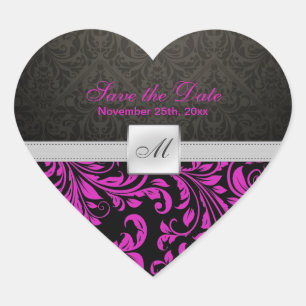 Lila Damask Monogram Save the Date Aufkleber