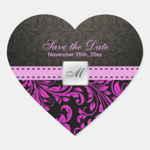 Lila Damask Monogram Save the Date Aufkleber
