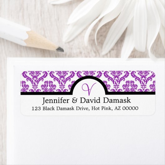 Lila Damask Monogram V Wedding Mailing Labels (Insitu)