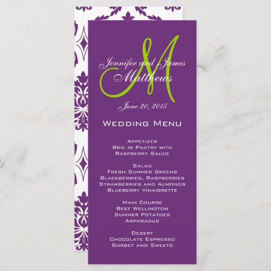 Lila Damask Monogram Wedding Menu Cards Menükarte (Vorne/Hinten)