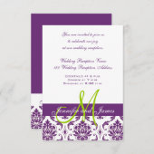 Lila Damask Monogram Wedding Reception Begleitkarte (Vorne/Hinten)