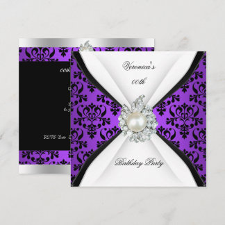 Lila Damask Schwarz-weiß Pearl Diamond Geburtstag Einladung