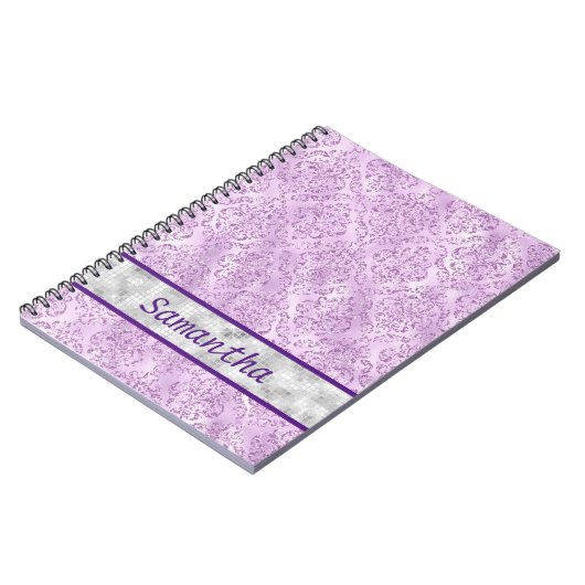 Lila Damask Silver Monogramm Notizblock (Linke Seite)