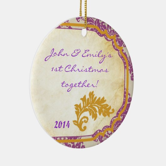 Lila Damask Spitzen Gold Personalisierter Name Orn Keramikornament (Rechts)