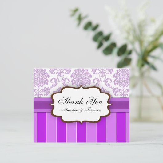 Lila Damask Stripe Wedding Danke (Stehend Vorderseite)