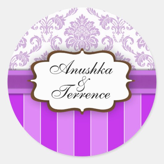 Lila Damask Stripe Wedding Sticker (Vorderseite)