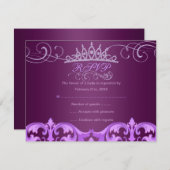 Lila Damask & Tiara Birthday RSVP-Karte RSVP Karte (Vorne/Hinten)