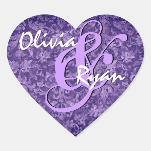 Lila Damask Wedding Heart Sticker (Vorderseite)
