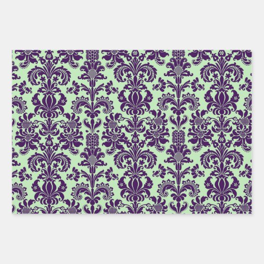 Lila Damasken auf Weiß, Grün und Gelb Geschenkpapier Set (Vorderseite 3)