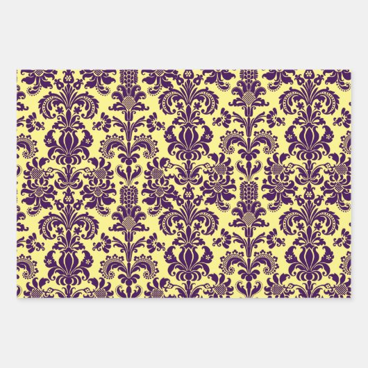 Lila Damasken auf Weiß, Grün und Gelb Geschenkpapier Set (Vorderseite 2)