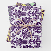 Lila Damasken auf Weiß, Grün und Gelb Geschenkpapier Set (Beispiel)