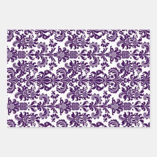 Lila Damasken auf Weiß, Grün und Gelb Geschenkpapier Set (Vorderseite)