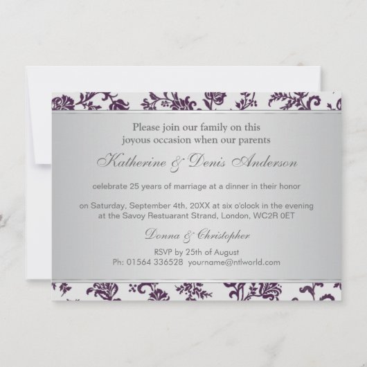 Lila Damaskus-Blume, 25. Hochzeitstag Einladung (Rückseite)
