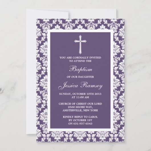 Lila Damaskus-Kreuztaufe oder -weihe Einladung (Vorderseite)