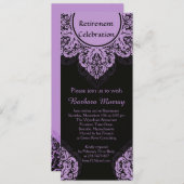 Lila Damast auf schwarzem Ruhestands-Party laden Einladung (Vorne/Hinten)