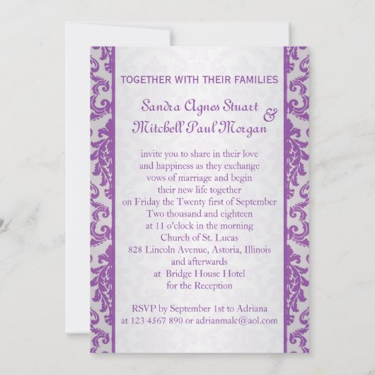 Lila Damast auf silberner Hintergrund Hochzeit Einladung (Rückseite)