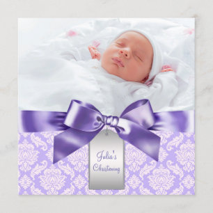 Lila Damast Baby Mädchen Foto Taufe Einladung