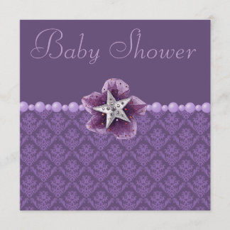 Lila Damast-, Blumen-, Stern-u. Perlen-Baby-Dusche Einladung