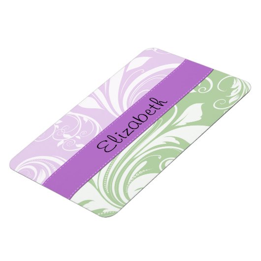 Lila Damast, grüner Damast, Ihr Name Magnet (Linke Seite)