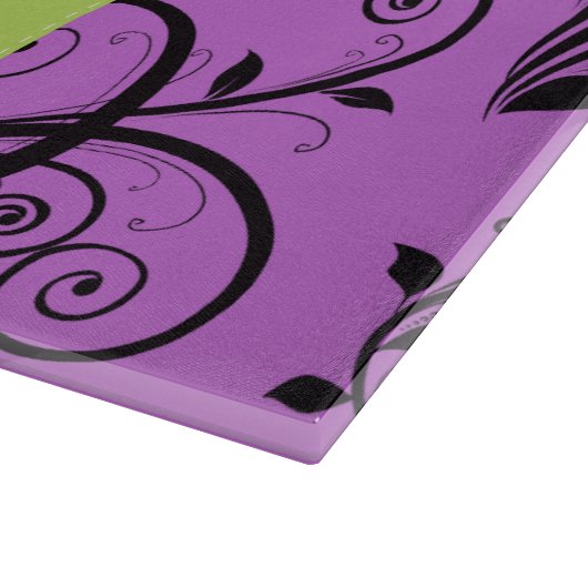 Lila Damast, grüner Damast, Monogramm Schneidebrett (Ecke)