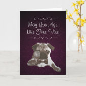 Lila Damast-Mops u. feiner Wein-alles- Gute zum Karte (Gelbe Blume)