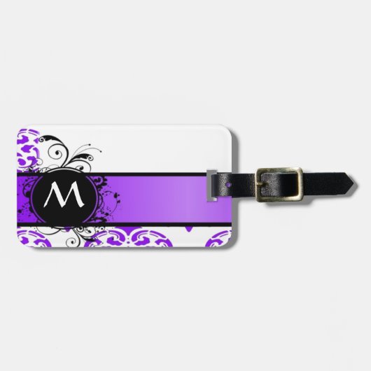Lila Damastmuster und Monogramm Gepäckanhänger (Vorderseite horizontal)