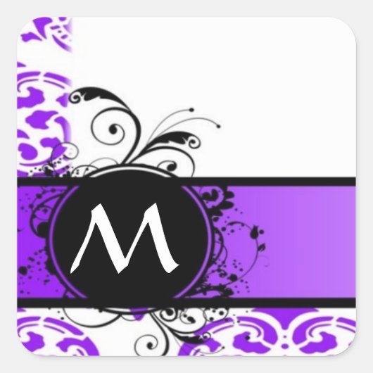 Lila Damastmuster und Monogramm Quadratischer Aufkleber (Vorderseite)