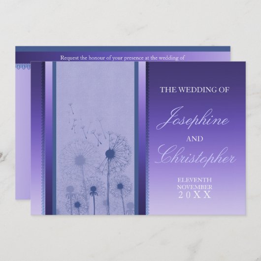 Lila Dandelion Romance Wedding Einladung (Vorne/Hinten)